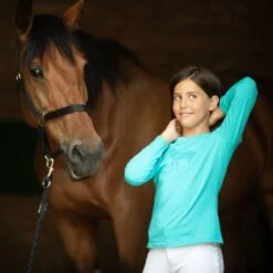 Cavalliera Women's Blue Horse Long Sleeve Cotton Top - Turquoise -Best Equestrian Supplies 559024 800 800