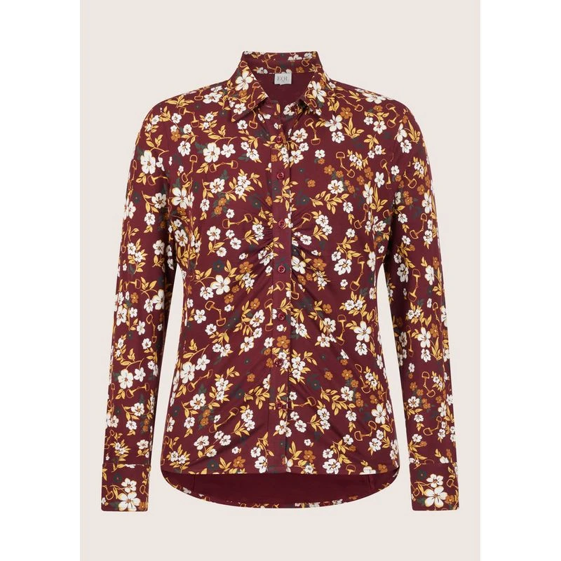 EQL Women's Ruched Button Front Long Sleeve Shirt - Sangria Snaffle Floral 3 EQL Women's Ruched Button Front Long Sleeve Shirt - Sangria Snaffle Floral