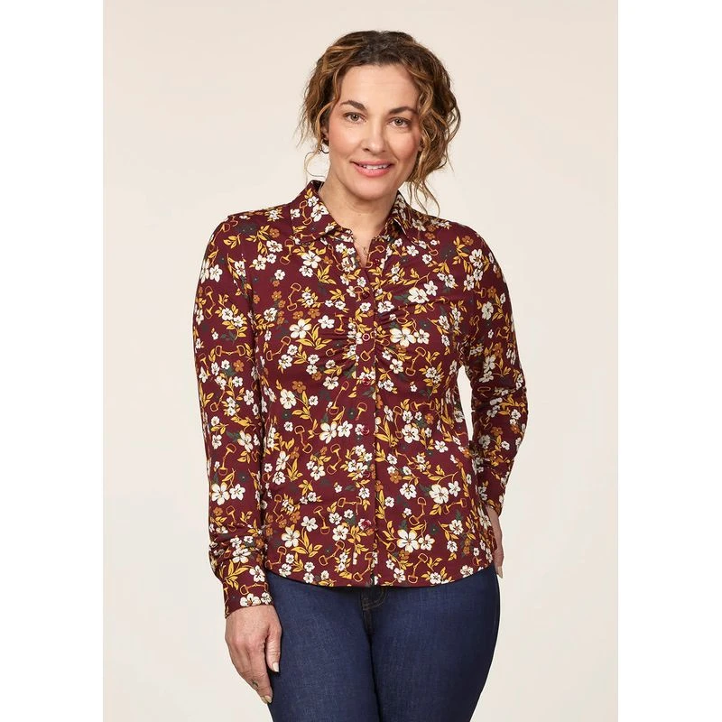 EQL Women's Ruched Button Front Long Sleeve Shirt - Sangria Snaffle Floral 4 EQL Women's Ruched Button Front Long Sleeve Shirt - Sangria Snaffle Floral - Image 2
